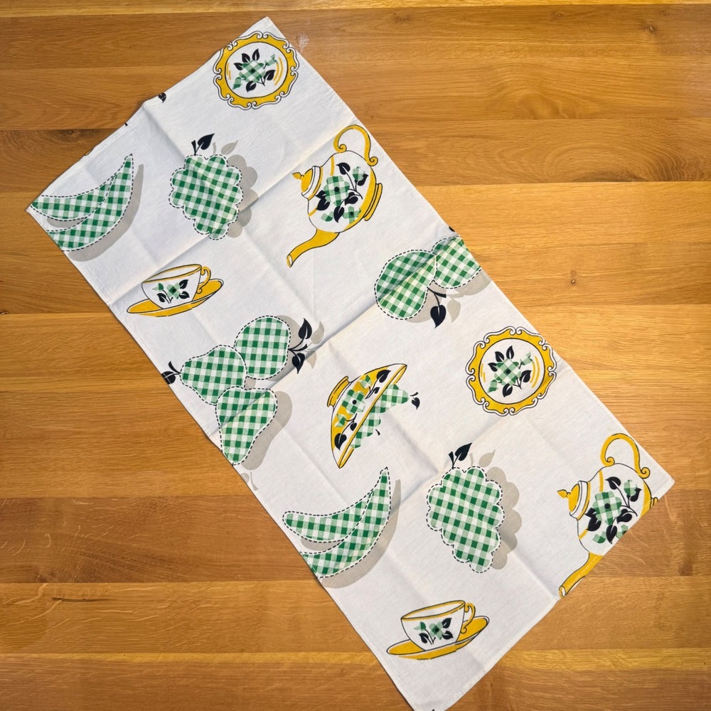 Vintage Mid Century Tea Towel Green Gingham Teapot Fruit Yellow White Retro MCM - Picture 2 of 4